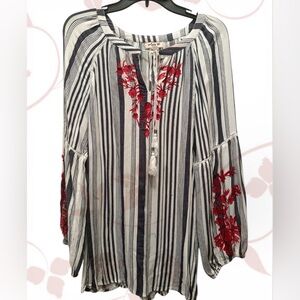 Lola P. Chic Striped Blouse with Red Floral Details